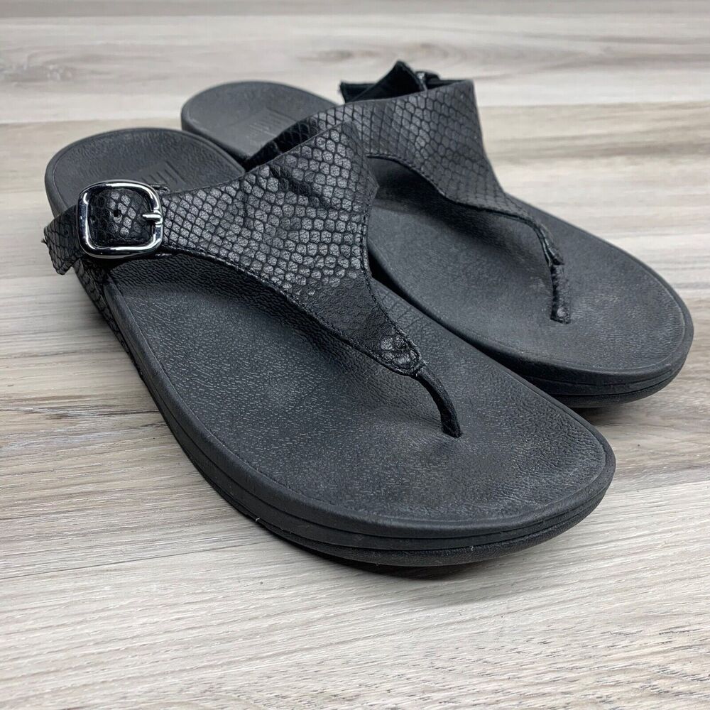 Fitflop The Skinny Women's T-Strap Wedge Sandal E58-424 Black Snake Size 7